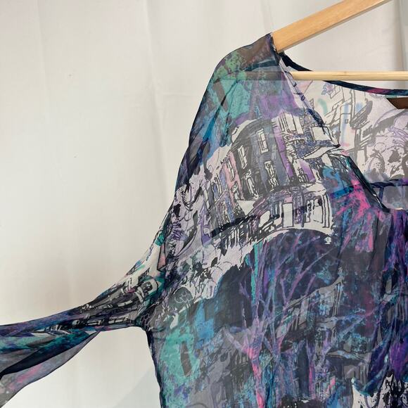 SINGLE City M Print Silk Long Sleeve Wrap Top Hi Low Sheer Multicolor Blue USA - Picture 6 of 10